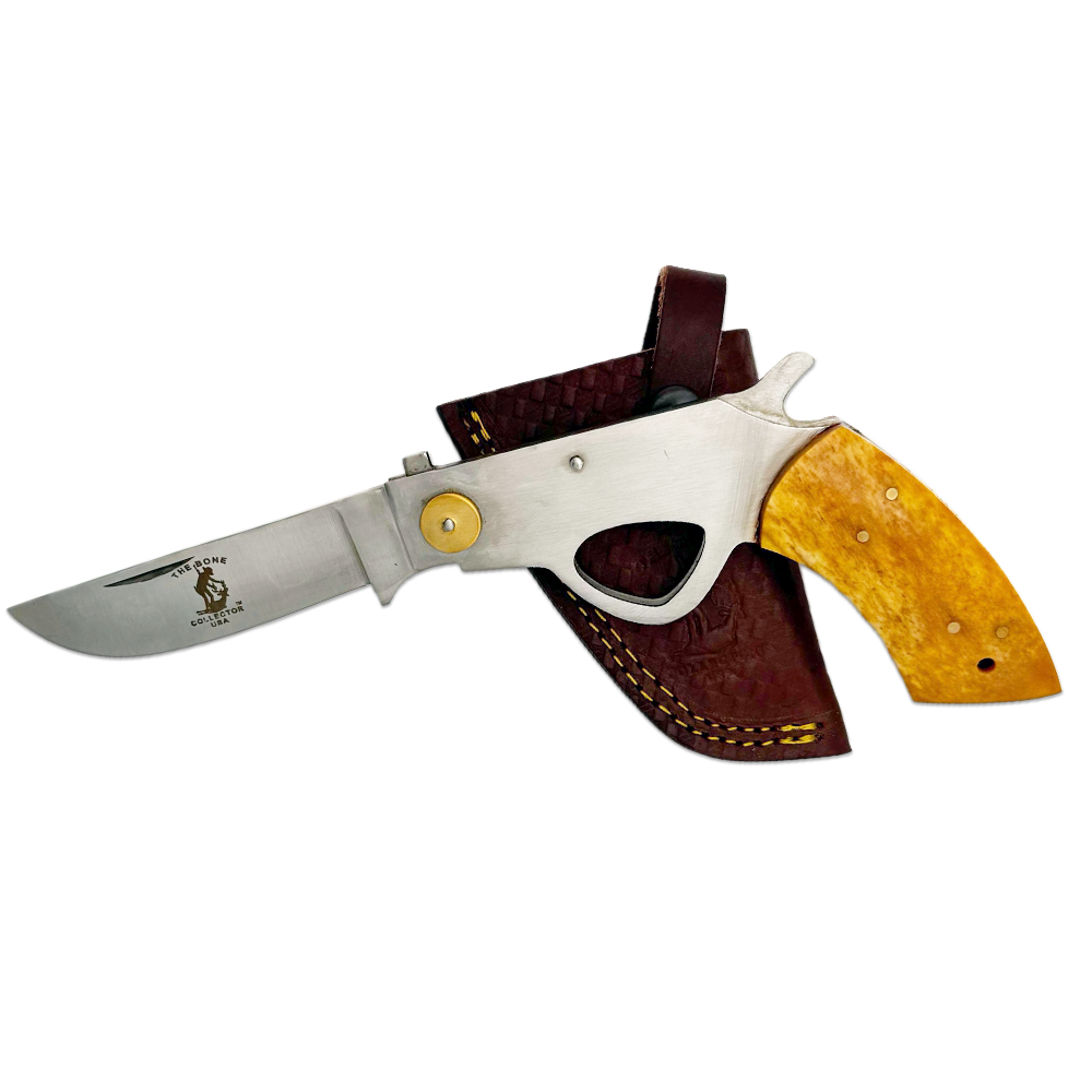 BC 868-YBN 6" Bone Collector Yellow Gun-Handle Folding Knife with Leather Sheath