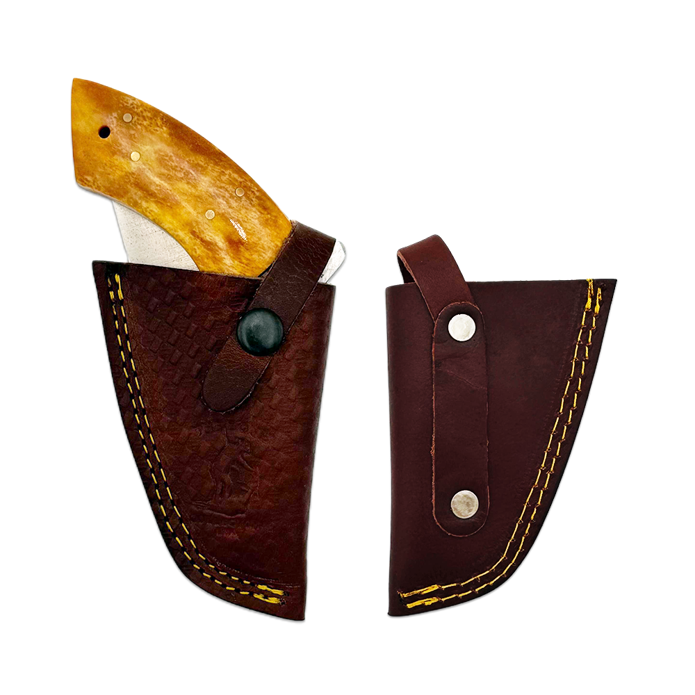 BC 868-YBN 6" Bone Collector Yellow Gun-Handle Folding Knife with Leather Sheath