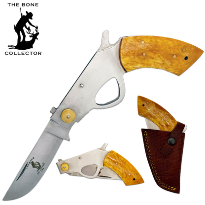 BC 868-YBN 6" Bone Collector Yellow Gun-Handle Folding Knife with Leather Sheath