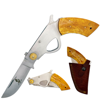 BC 868-YBN 6" Bone Collector Yellow Gun-Handle Folding Knife with Leather Sheath