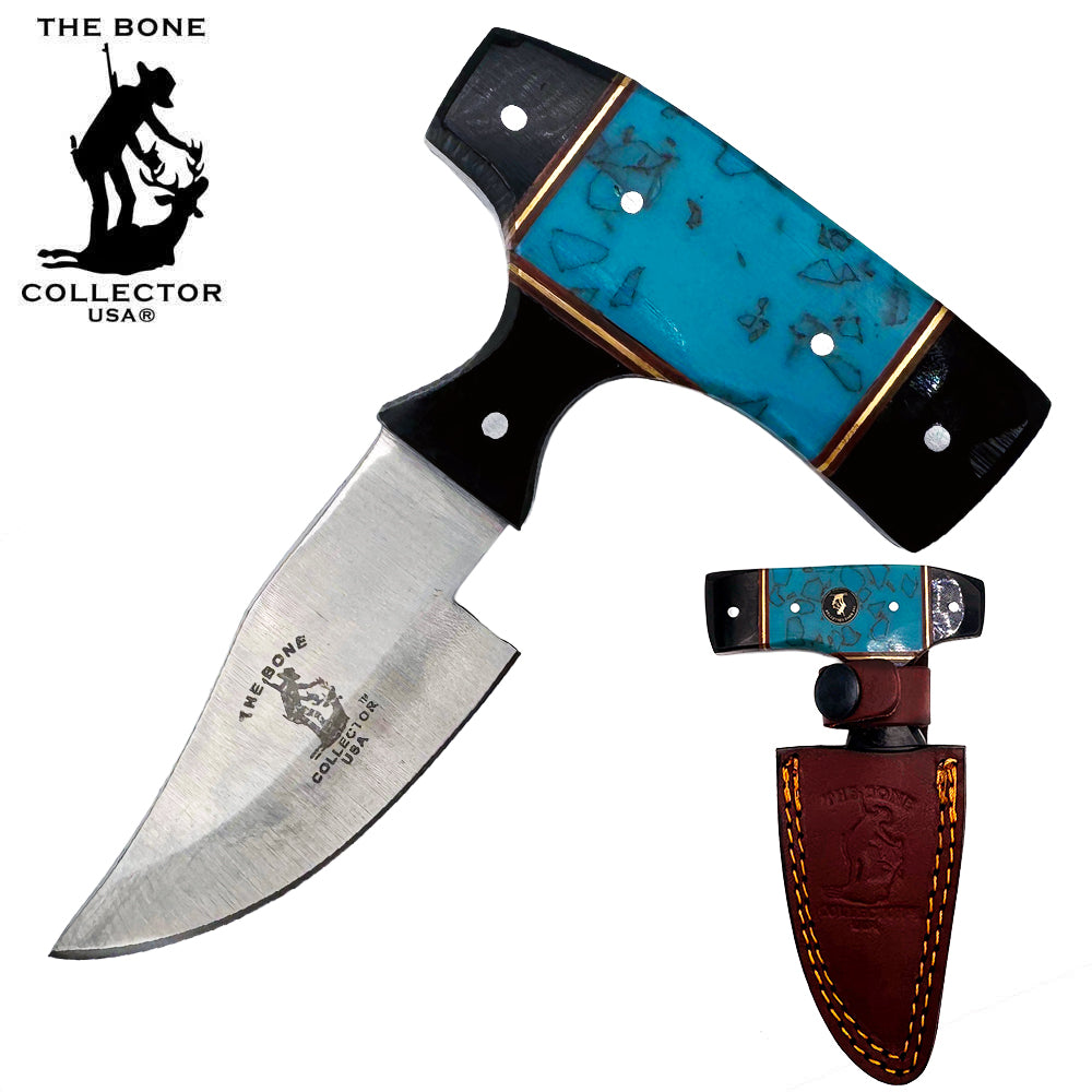 Bone Collector skinning knife with 5-inch blue and black short blade, bone handle, and leather sheath for outdoor hunting.