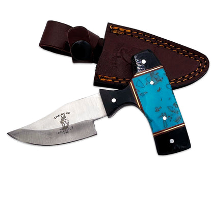 Bone Collector 5-inch Bone Skinning Knife with black and blue short blade and leather sheath, designed for efficient game processing.