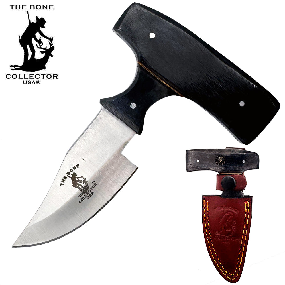 Bone Collector 5-inch black bone skinning knife with short blade and leather sheath, designed for precise game skinning.