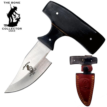 Bone Collector 5-inch black bone skinning knife with short blade and leather sheath, designed for precise game skinning.