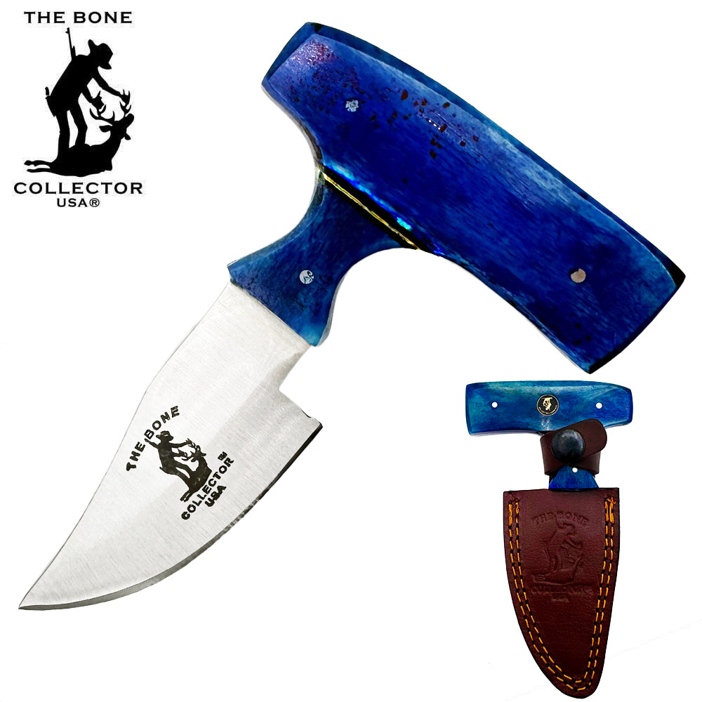 Bone Collector Blue Bone Short Blade Skinning Knife with leather sheath, 5-inch skinning blade, designed for hunting and outdoor use.