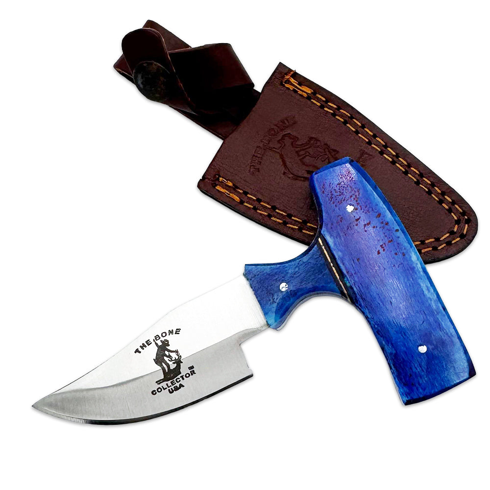 Bone Collector Blue Bone Short Blade Skinning Knife with leather sheath, 5-inch sharp skinning tool from The Bone Collector Knives series.