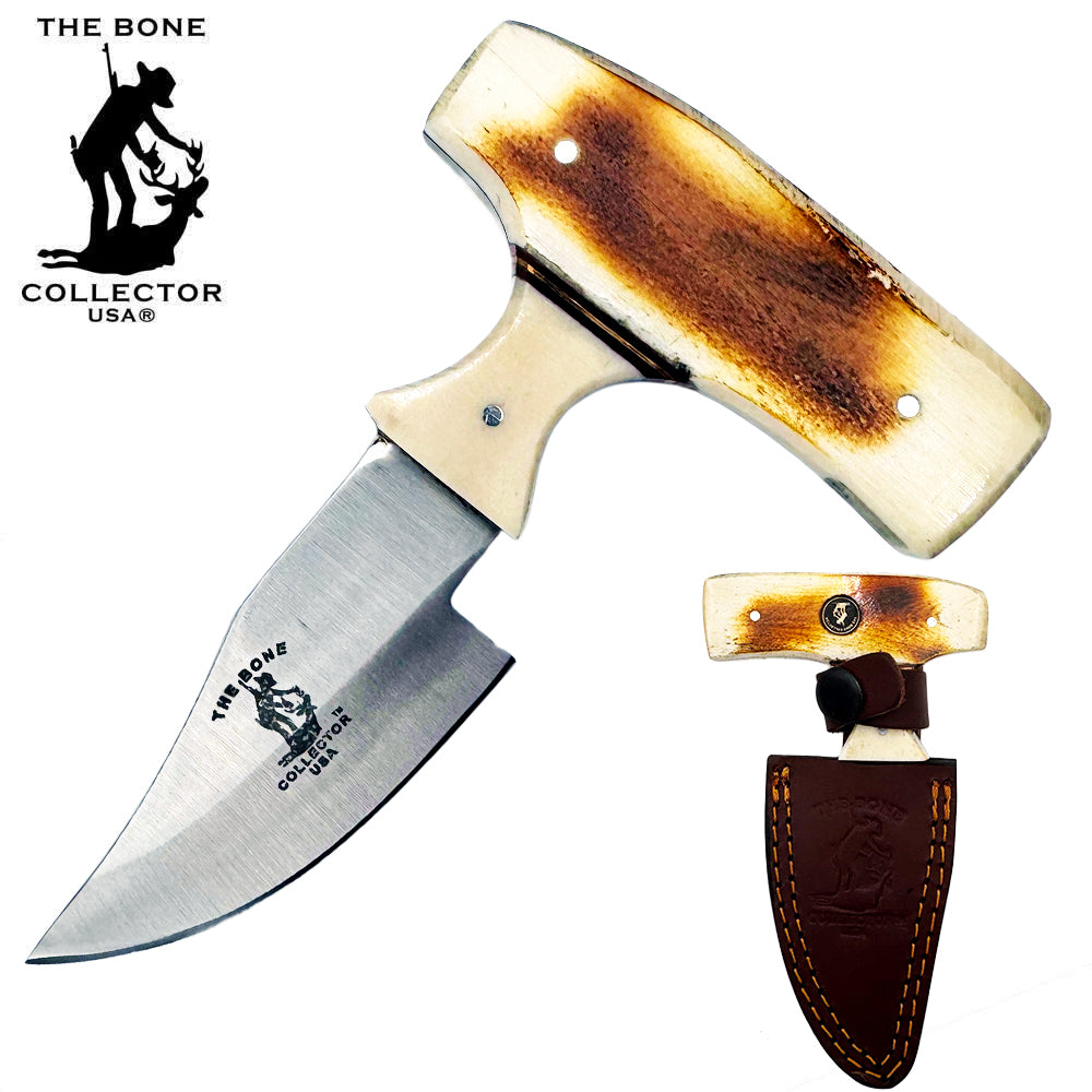 Bone Collector Burn Bone short blade skinning knife with leather sheath, 5-inch fixed blade for hunting and field dressing.