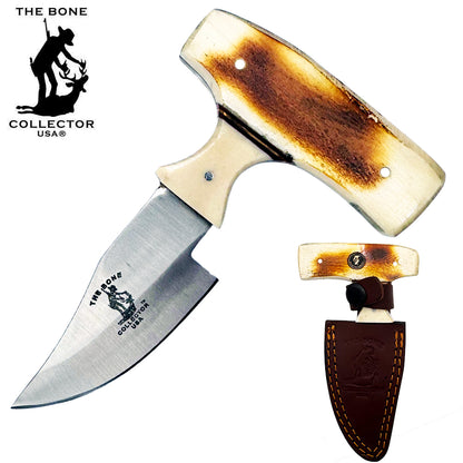 Bone Collector Burn Bone short blade skinning knife with leather sheath, 5-inch fixed blade for hunting and field dressing.