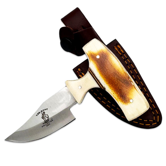 Bone Collector 5-inch Burn Bone Short Blade Skinning Knife with leather sheath, designed for efficient field dressing and skinning.
