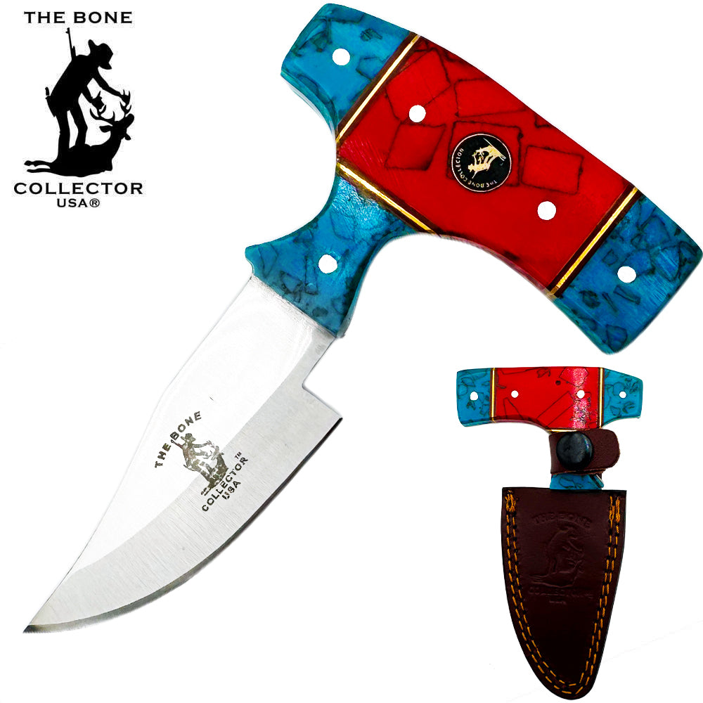 Bone Collector 5-inch Bone Collector Blue & Red acrylic skinning knife with short blade and leather sheath