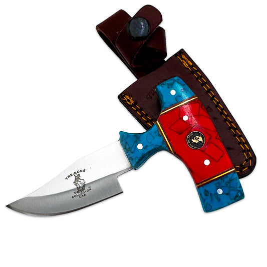 Bone Collector 5-inch Bone Collector Blue & Red acrylic skinning knife with short blade and leather sheath, perfect for hunting tasks.