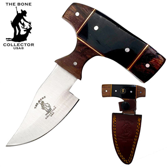 Bone Collector skinning knife with black and brown resin wood handle and leather sheath, 5-inch blade for hunting and field dressing.