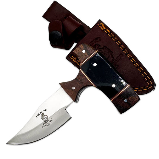 Bone Collector 5-inch Bone Collector skinning knife with black and brown resin wood handle and leather sheath
