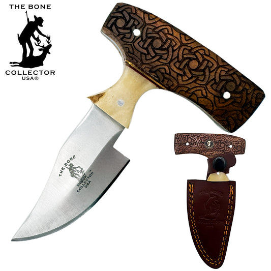 Bone Collector carved wood skinning knife with short blade and leather sheath, featuring intricate bone collector design.