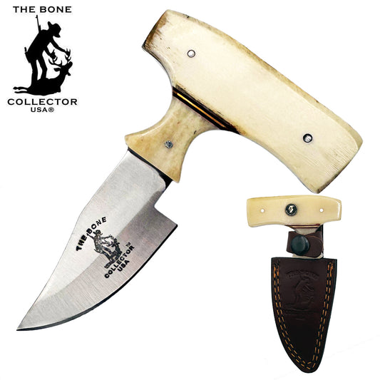 Bone Collector 5-inch white bone skinning knife with short blade and leather sheath, designed for precise game processing.