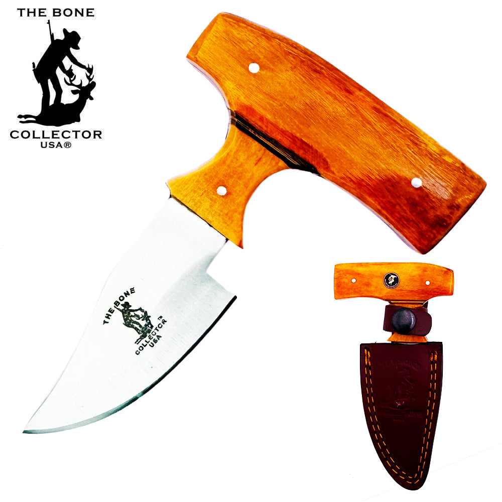 Bone Collector 5-inch yellow bone skinning knife with short blade and leather sheath, ideal for hunting and field dressing.
