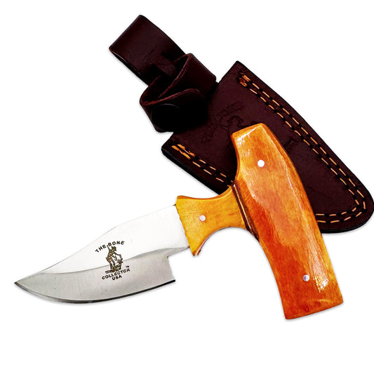 Bone Collector yellow 5-inch bone collector skinning knife with short blade and leather sheath, suitable for hunting and field dressing.