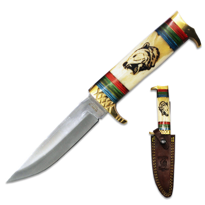 Bone Collector hunting knife featuring a bear design, with brass accents and leather sheath, 10.5-inch blade for outdoor use.