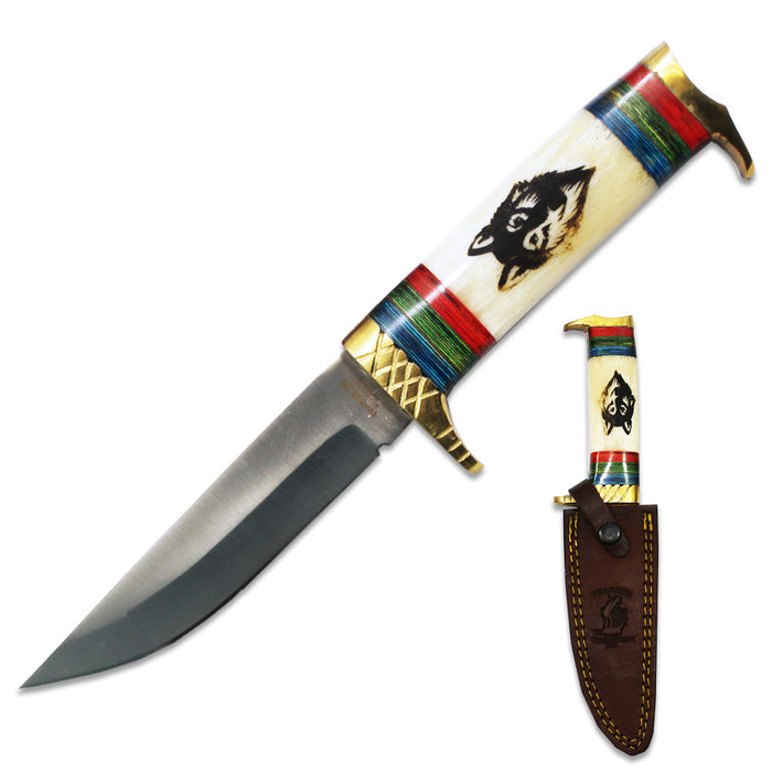 Bone Collector BC 888-WF 10.5-inch hunting knife with wolf design, bone and brass handle, shown with leather sheath.