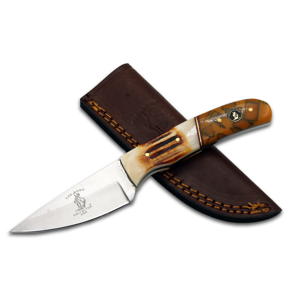 BC 895-A 8.25" Bone Collector Burn Bone & Resin Handle Hunting Knife with Leather Sheath - Rex Distributor, Inc. Wholesale Licensed Products and T-shirts, Sporting goods,