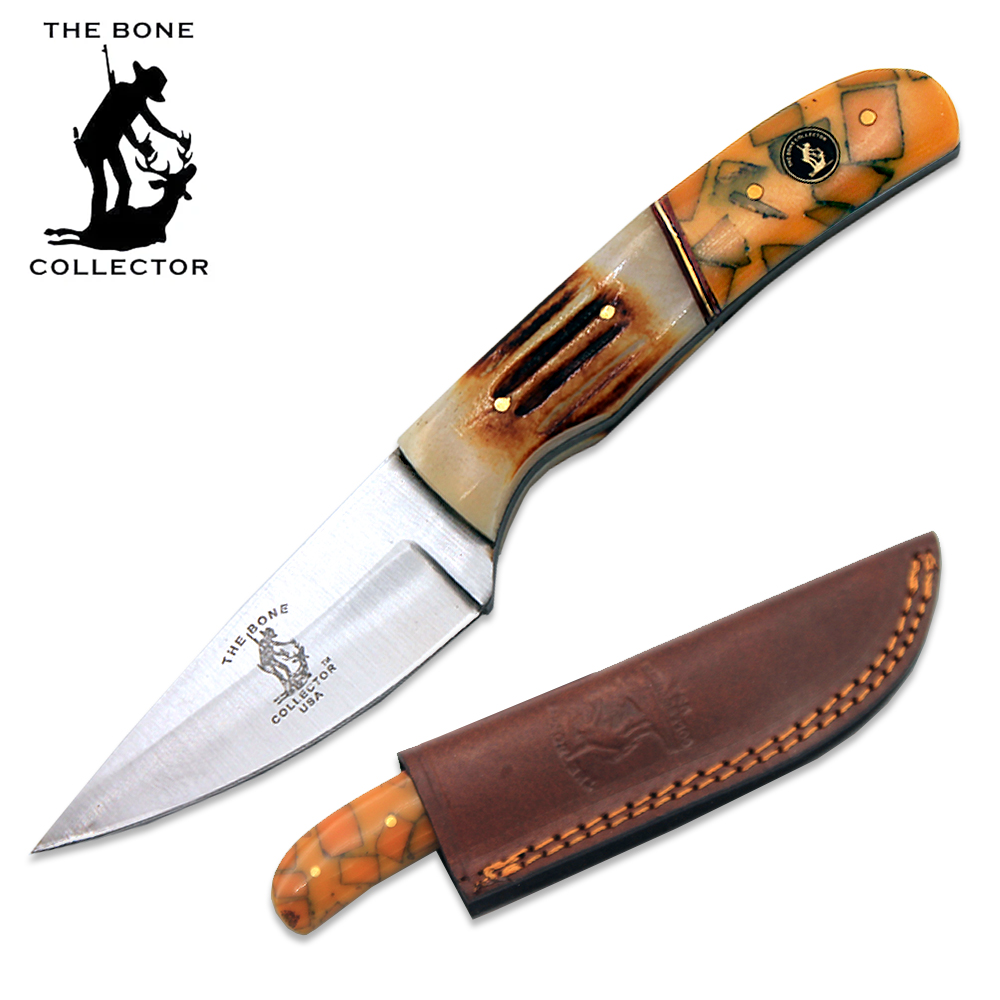 BC 895-A 8.25" Bone Collector Burn Bone & Resin Handle Hunting Knife with Leather Sheath - Rex Distributor, Inc. Wholesale Licensed Products and T-shirts, Sporting goods,