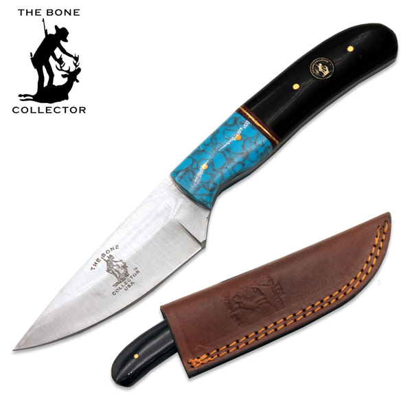 BC 895-B 8.25" Bone Collector Black & Turquoise Resin Handle Hunting Knife with Leather Sheath