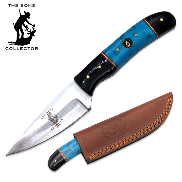 BC 895-C 8.25" Bone Collector Black & Turquoise Resin Handle Hunting Knife with Leather Sheath