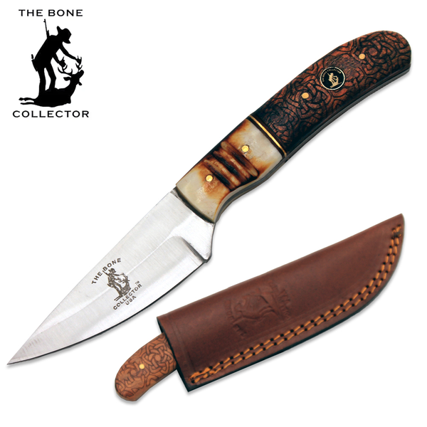 BC 895-D 8.25" Bone Collector Burn Bone & Rosewood Handle Hunting Knife with Leather Sheath
