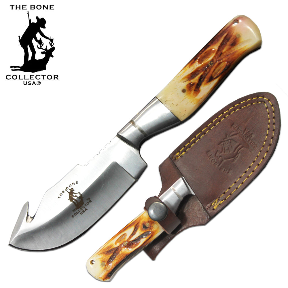 Bone Collector BC 804 7.5-inch bone collector gut hook hunting knife with leather sheath, featuring a sharp blade for skinning and field dressing.