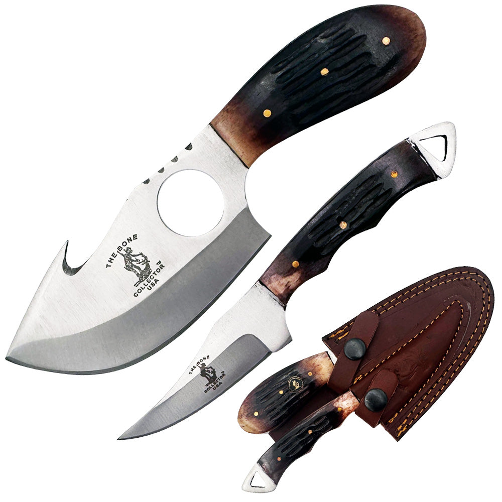 BC 859-BN 2PCS Hunting Knife Set 7" Bone Collector Bone Handle Knives with Leather Sheath