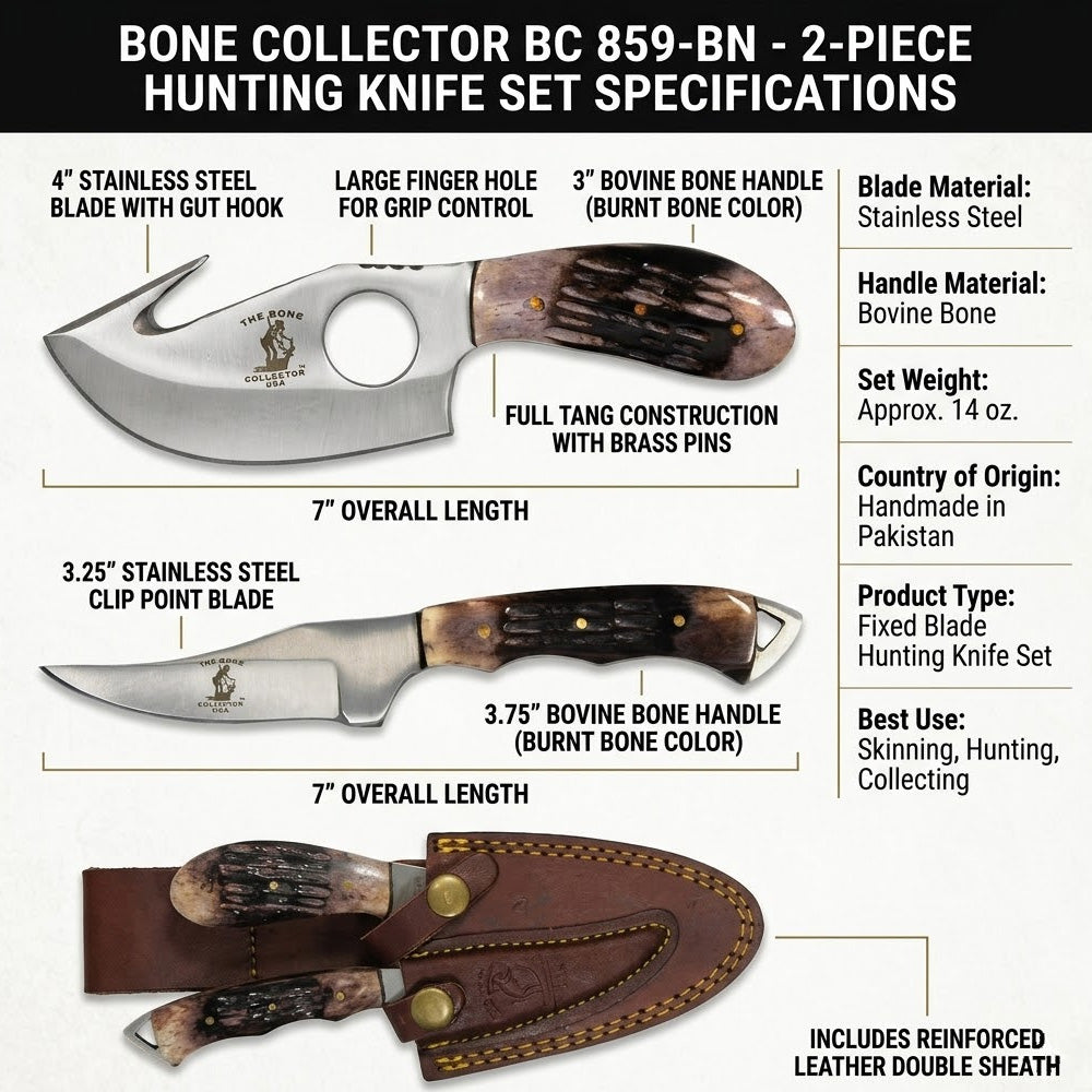 BC 859-BN 2PCS Hunting Knife Set 7" Bone Collector Bone Handle Knives with Leather Sheath