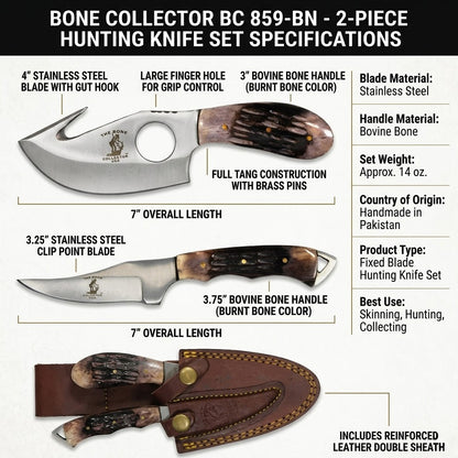 BC 859-BN 2PCS Hunting Knife Set 7" Bone Collector Bone Handle Knives with Leather Sheath