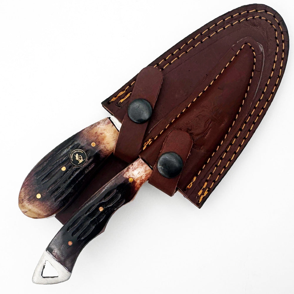 BC 859-BN 2PCS Hunting Knife Set 7" Bone Collector Bone Handle Knives with Leather Sheath