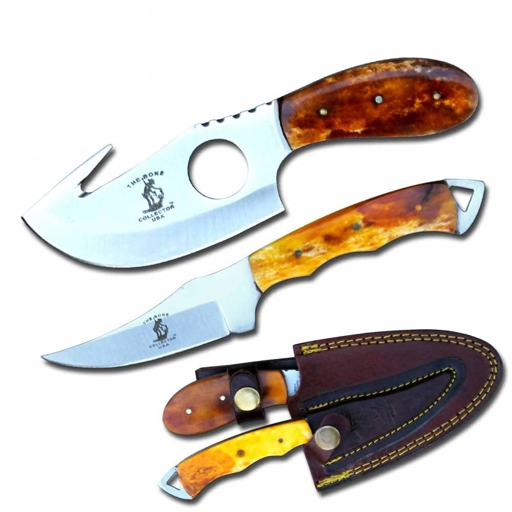 BC 859-YBN 2PCS Hunting Knife Set 7" Bone Collector Yellow Bone Handle Knives with Leather Sheath