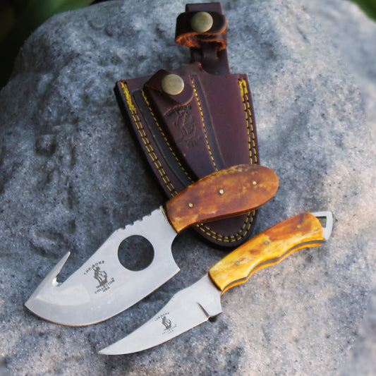 BC 859-YBN 2PCS Hunting Knife Set 7" Bone Collector Yellow Bone Handle Knives with Leather Sheath