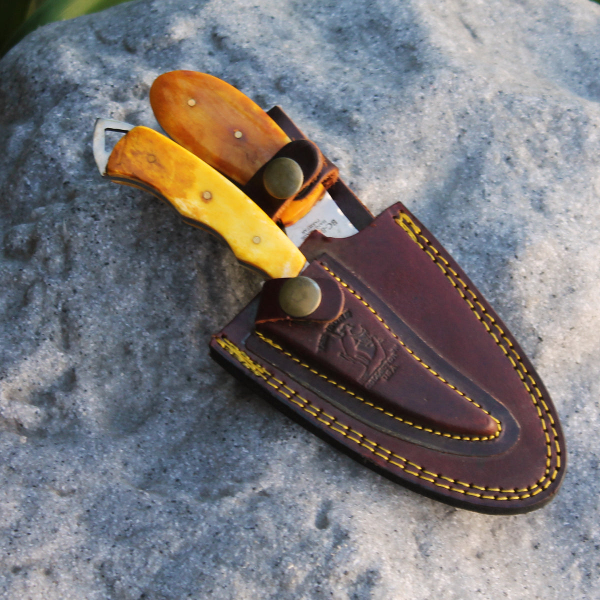 BC 859-YBN 2PCS Hunting Knife Set 7" Bone Collector Yellow Bone Handle Knives with Leather Sheath