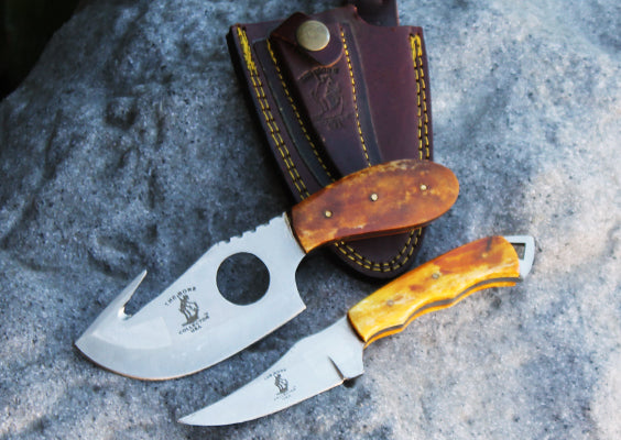BC 859-YBN 2PCS Hunting Knife Set 7" Bone Collector Yellow Bone Handle Knives with Leather Sheath