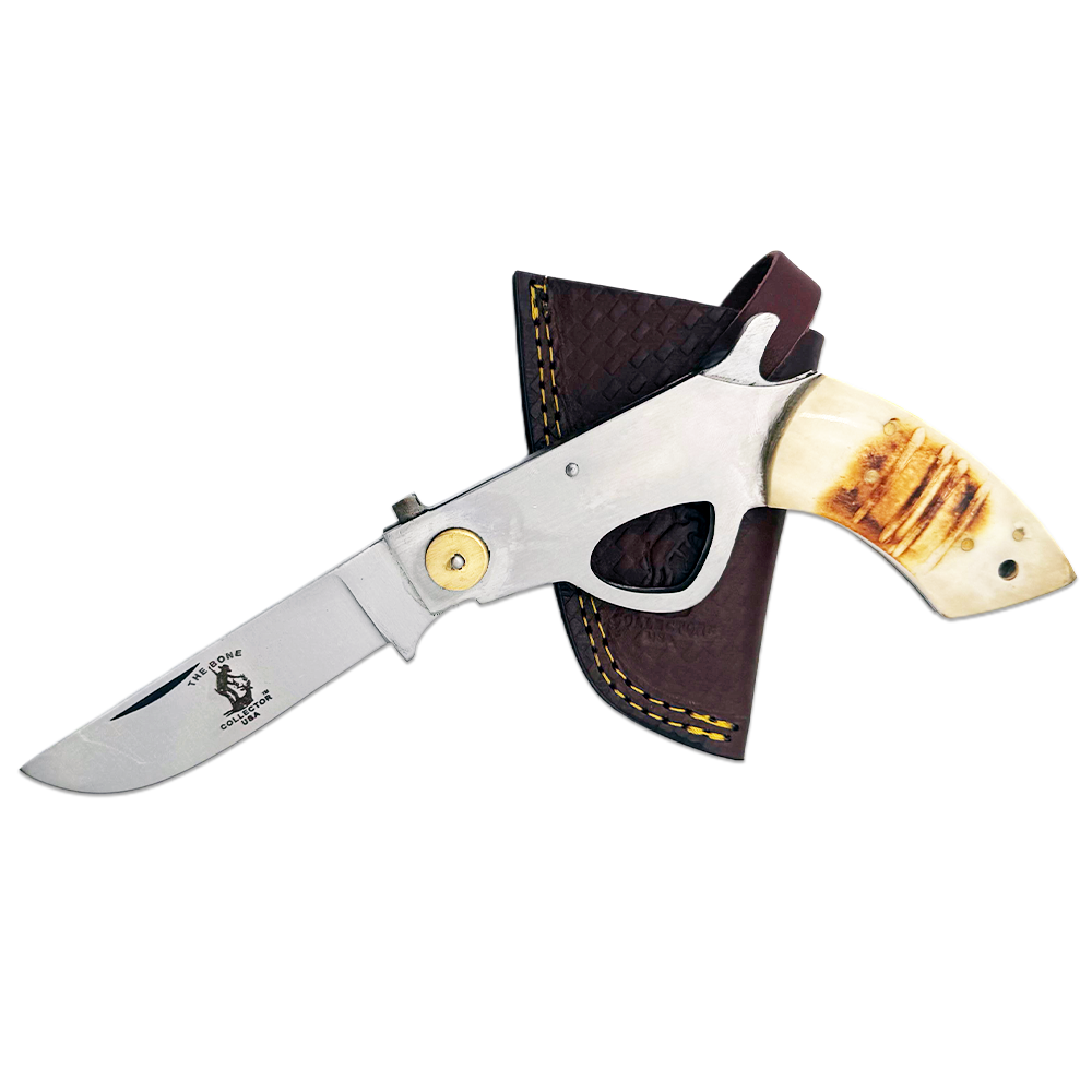 BC 868-BN 6" Bone Collector Gun-Handle Folding Knife with Leather Sheath