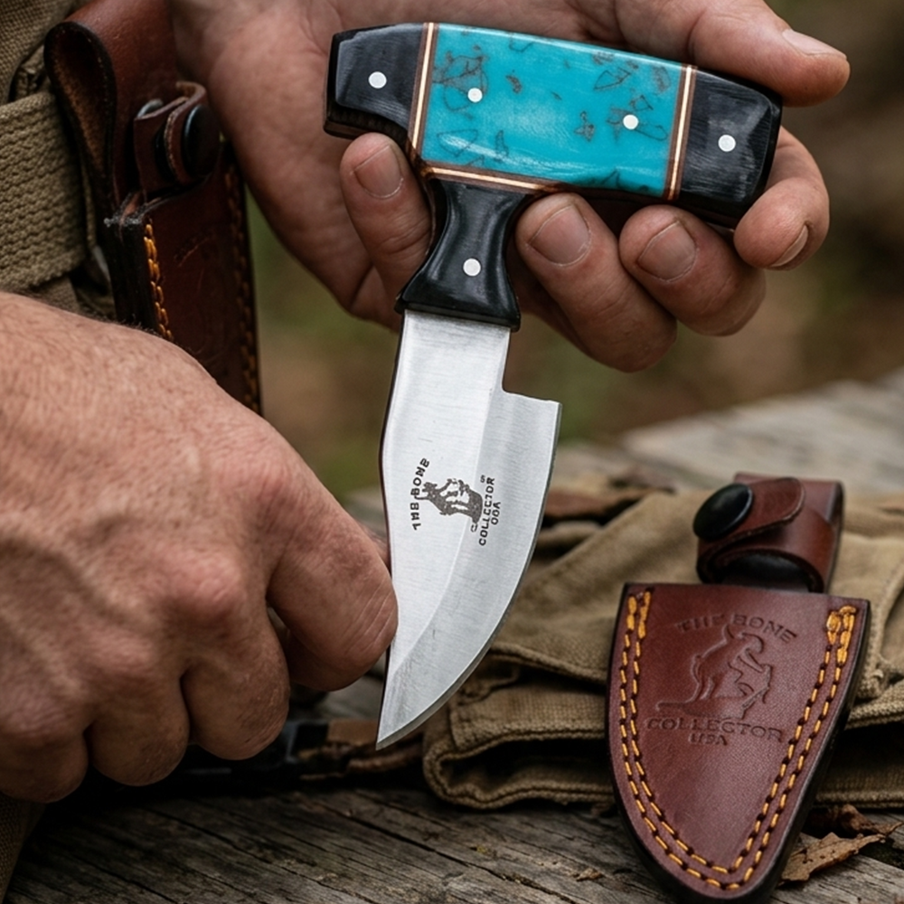 BC 872-BBK 5" Bone Collector Blue & Black Bone Short Blade Skinning Knife with Leather Sheath