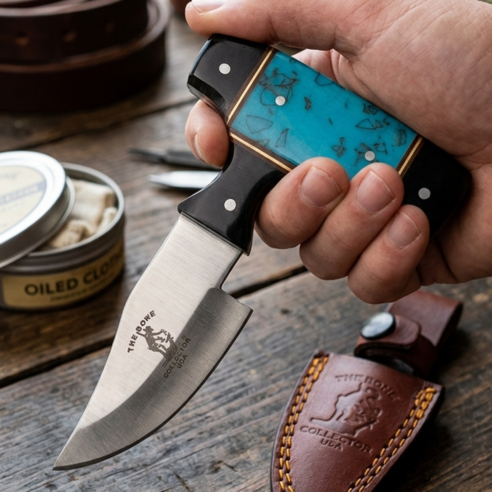 BC 872-BBK 5" Bone Collector Blue & Black Bone Short Blade Skinning Knife with Leather Sheath