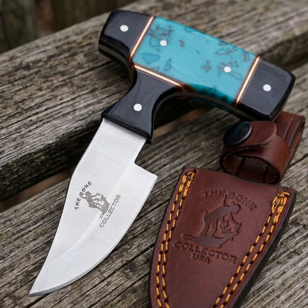 BC 872-BBK 5" Bone Collector Blue & Black Bone Short Blade Skinning Knife with Leather Sheath