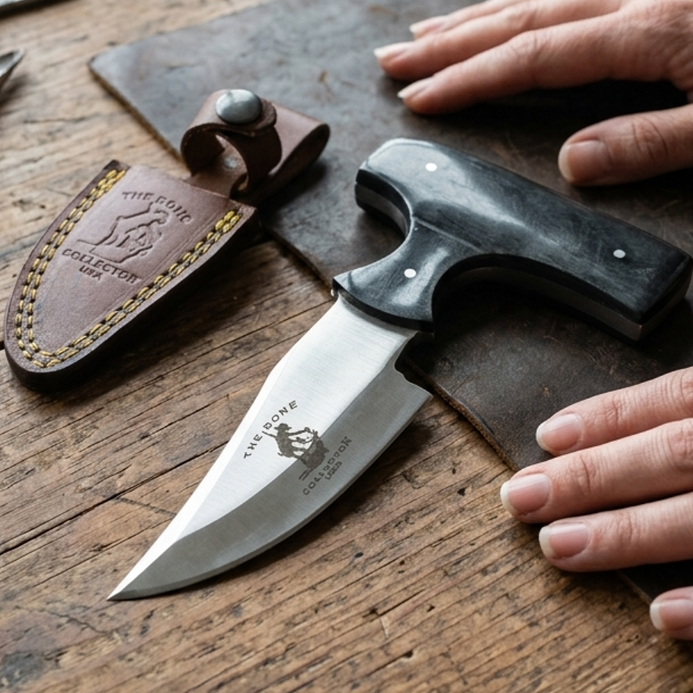 BC 872-BKBN 5" Bone Collector Black Bone Short Blade Skinning Knife with Leather Sheath