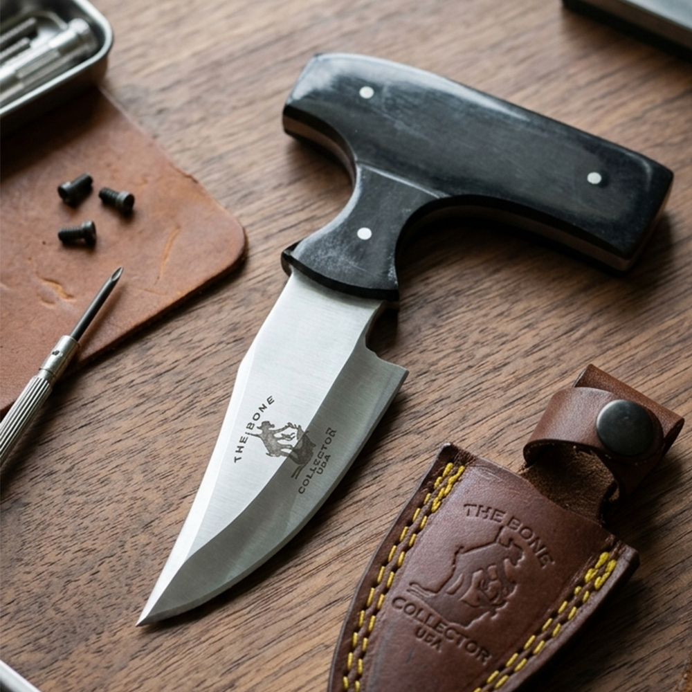BC 872-BKBN 5" Bone Collector Black Bone Short Blade Skinning Knife with Leather Sheath