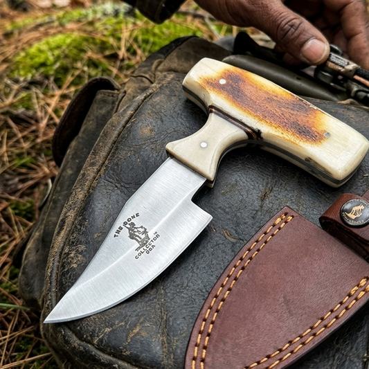 BC 872-BN 5" Bone Collector Burn Bone Short Blade Skinning Knife with Leather Sheath