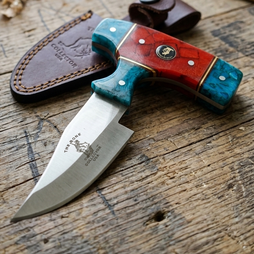 BC 872-BRD 5" Bone Collector Blue & Red Acrylic Short Blade Skinning Knife with Leather Sheath