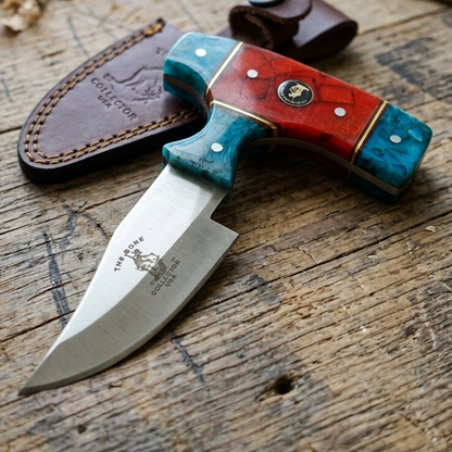 BC 872-BRD 5" Bone Collector Blue & Red Acrylic Short Blade Skinning Knife with Leather Sheath