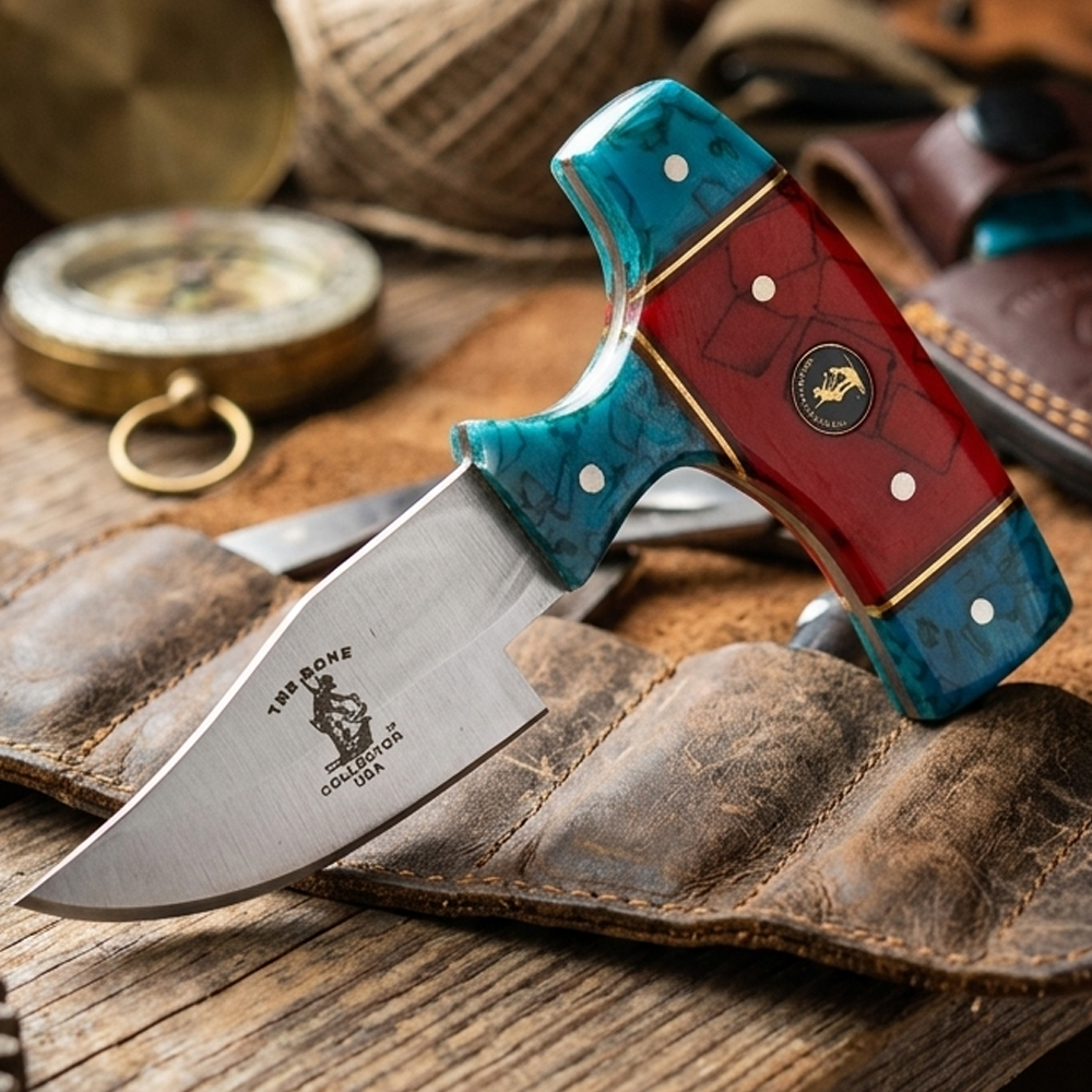 BC 872-BRD 5" Bone Collector Blue & Red Acrylic Short Blade Skinning Knife with Leather Sheath