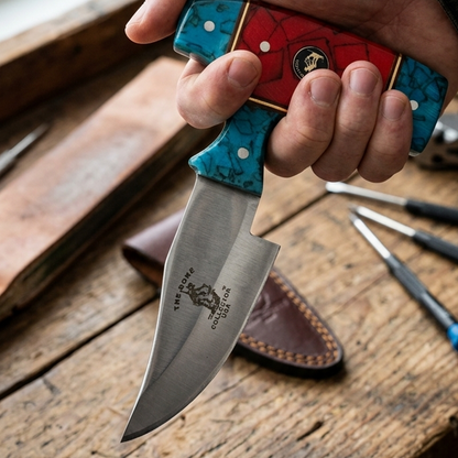 BC 872-BRD 5" Bone Collector Blue & Red Acrylic Short Blade Skinning Knife with Leather Sheath