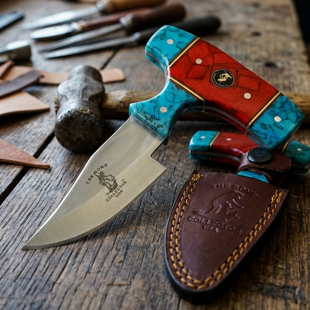 BC 872-BRD 5" Bone Collector Blue & Red Acrylic Short Blade Skinning Knife with Leather Sheath