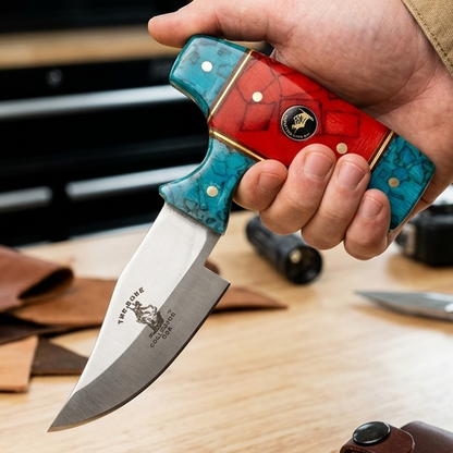 BC 872-BRD 5" Bone Collector Blue & Red Acrylic Short Blade Skinning Knife with Leather Sheath